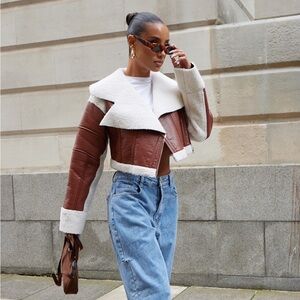 Tan Faux Leather Boned Waist Borg Lined Cropped
Aviator Jacket